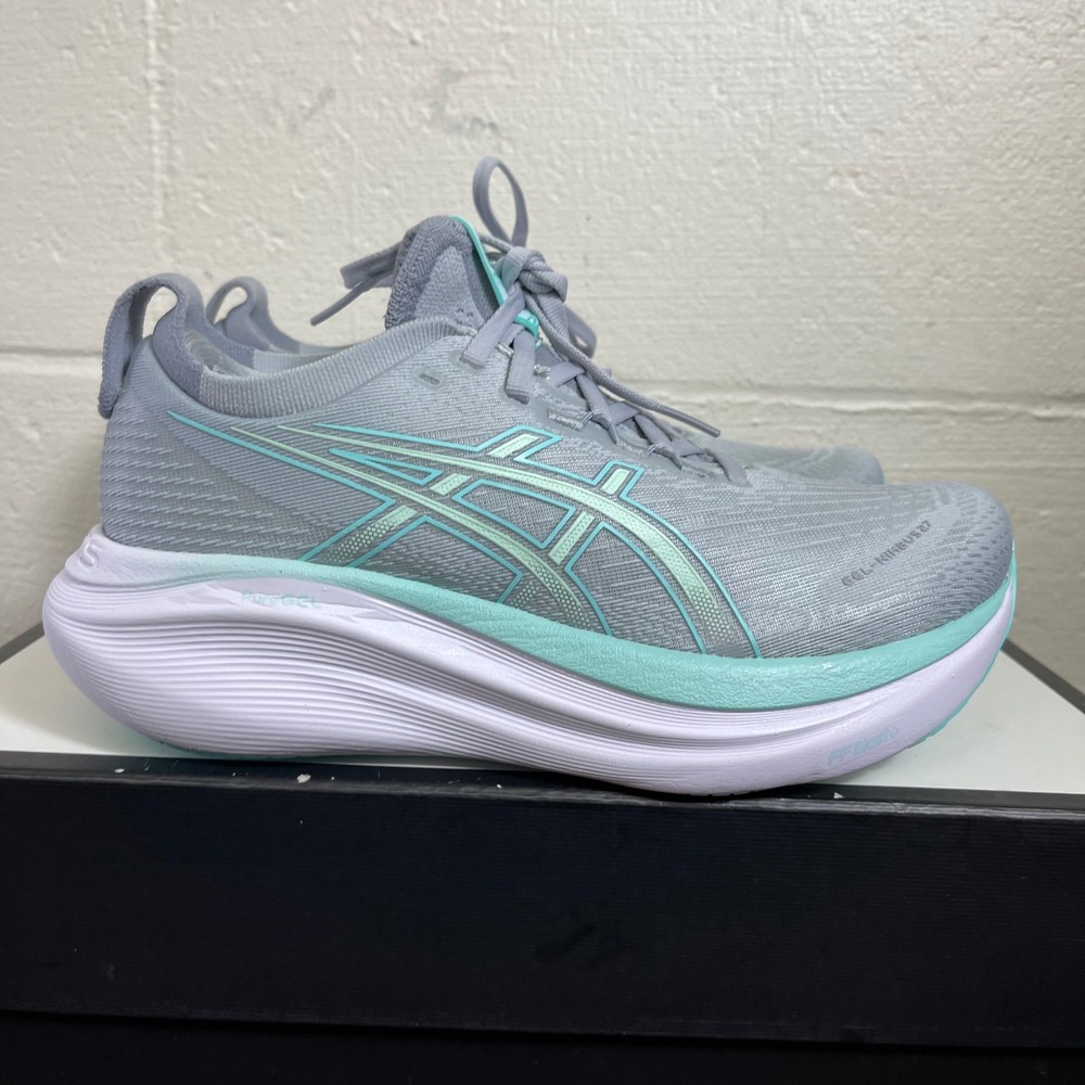 Asics Gel Nimbus 27 1012B753 Gray Blue Athletic Running Shoes Sneaker Womens 7.5